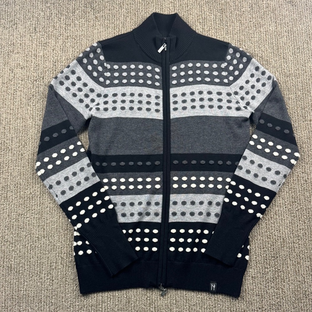 Neve Womens M Full Zip Wool Blend Sweater Ski Dot Stripe Grey Black